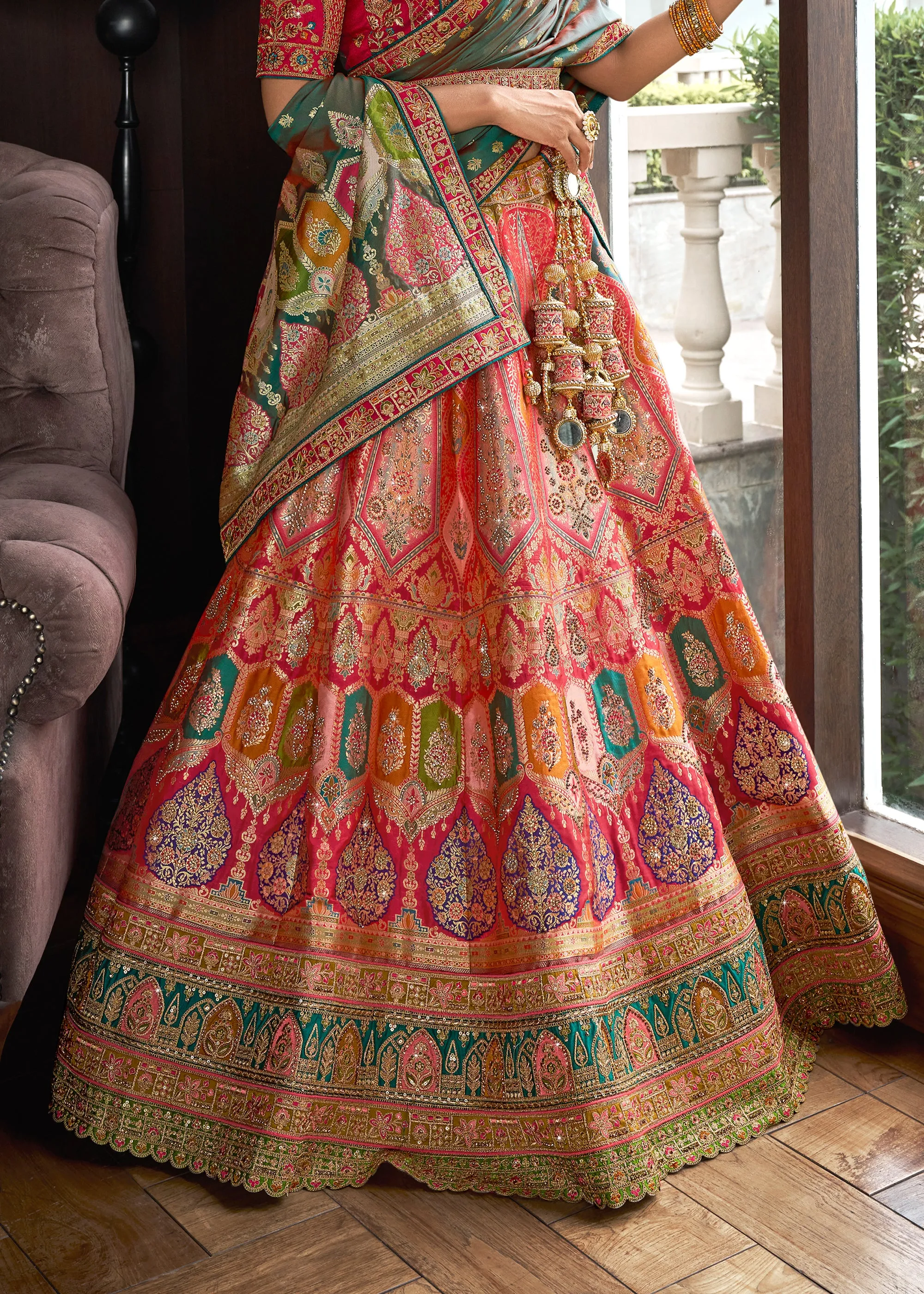 Pink And Green Banarasi Silk Embroidered Designer Lehenga