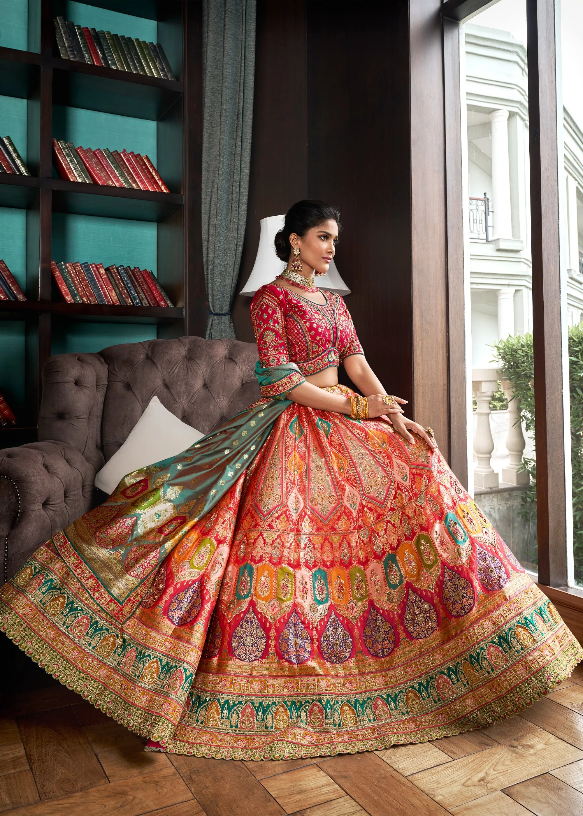 Pink And Green Banarasi Silk Embroidered Designer Lehenga