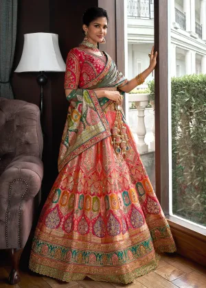 Pink And Green Banarasi Silk Embroidered Designer Lehenga