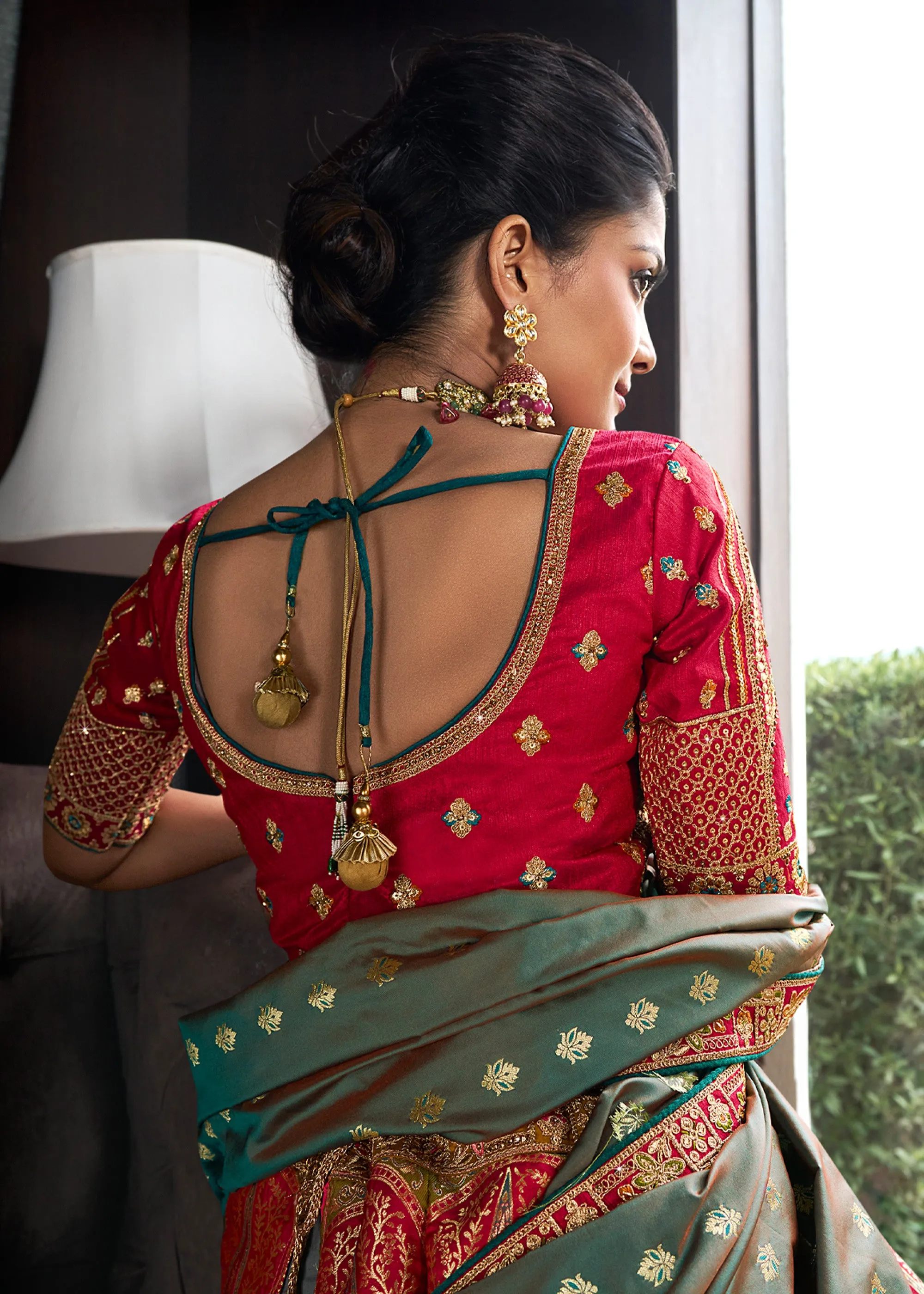 Pink And Green Banarasi Silk Embroidered Designer Lehenga
