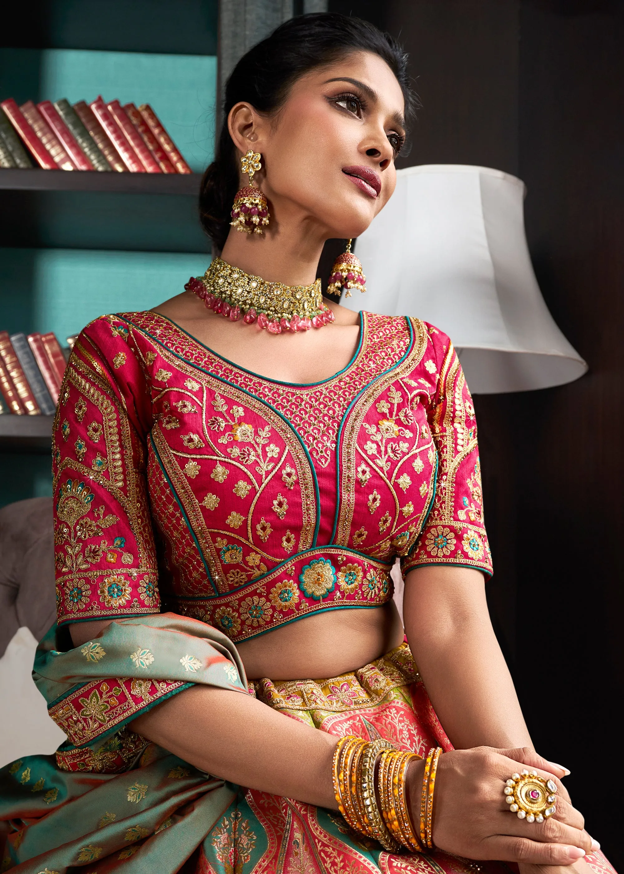 Pink And Green Banarasi Silk Embroidered Designer Lehenga