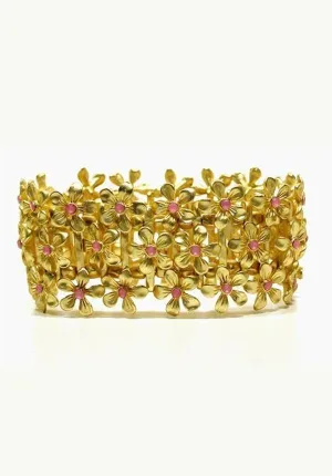 Pink Daisies Gold Tone Stretch Bracelet
