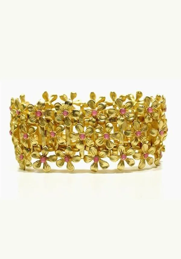Pink Daisies Gold Tone Stretch Bracelet