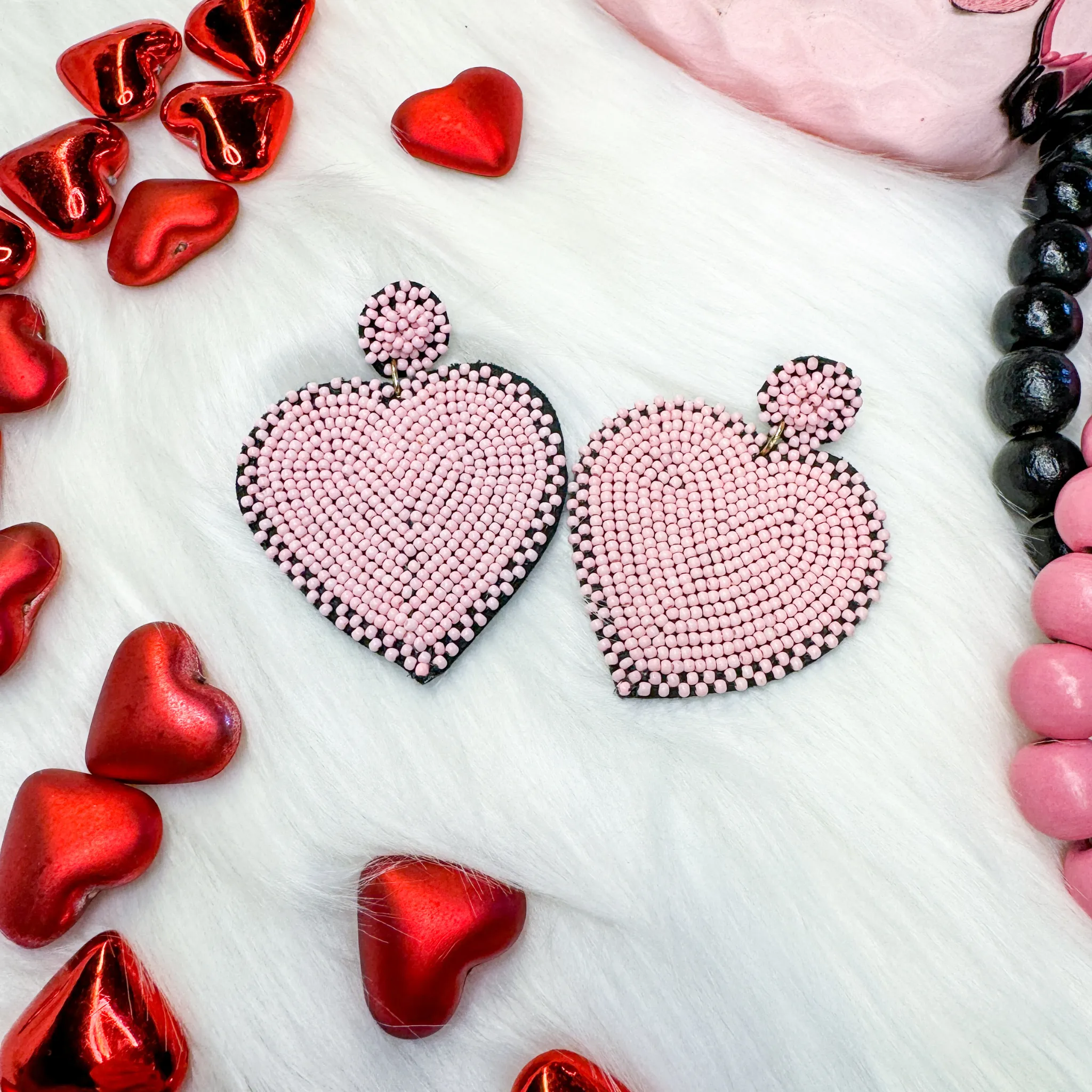 Pink Heart Beaded Earrings