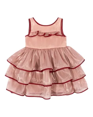 Pink Ruffled and Layered Dress with Red Trim