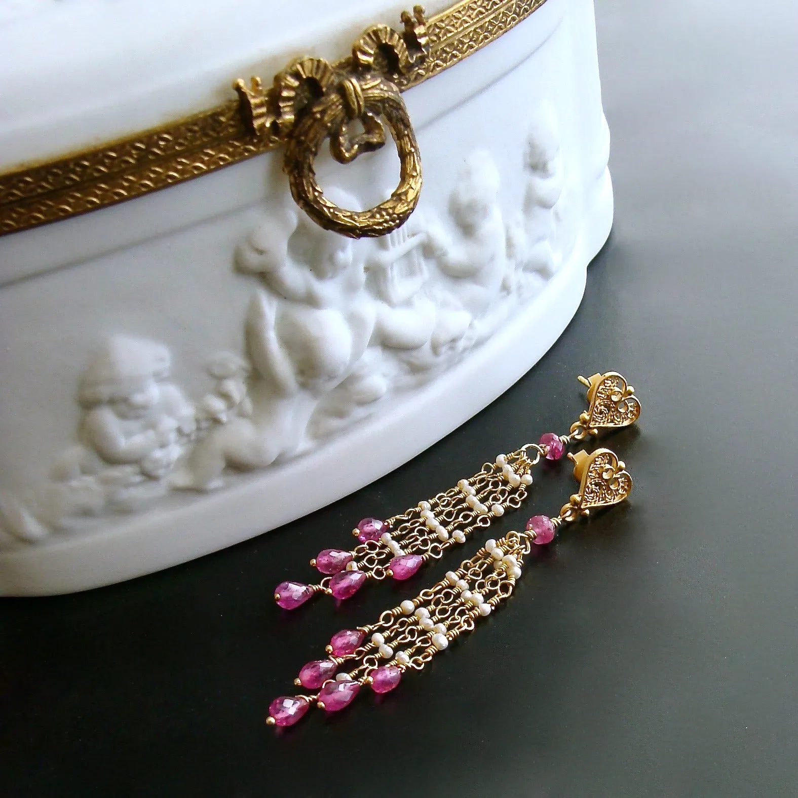 Pink Sapphire Micro Seed Pearls Filigree Heart Post Earrings - Valentina Duster Earrings II