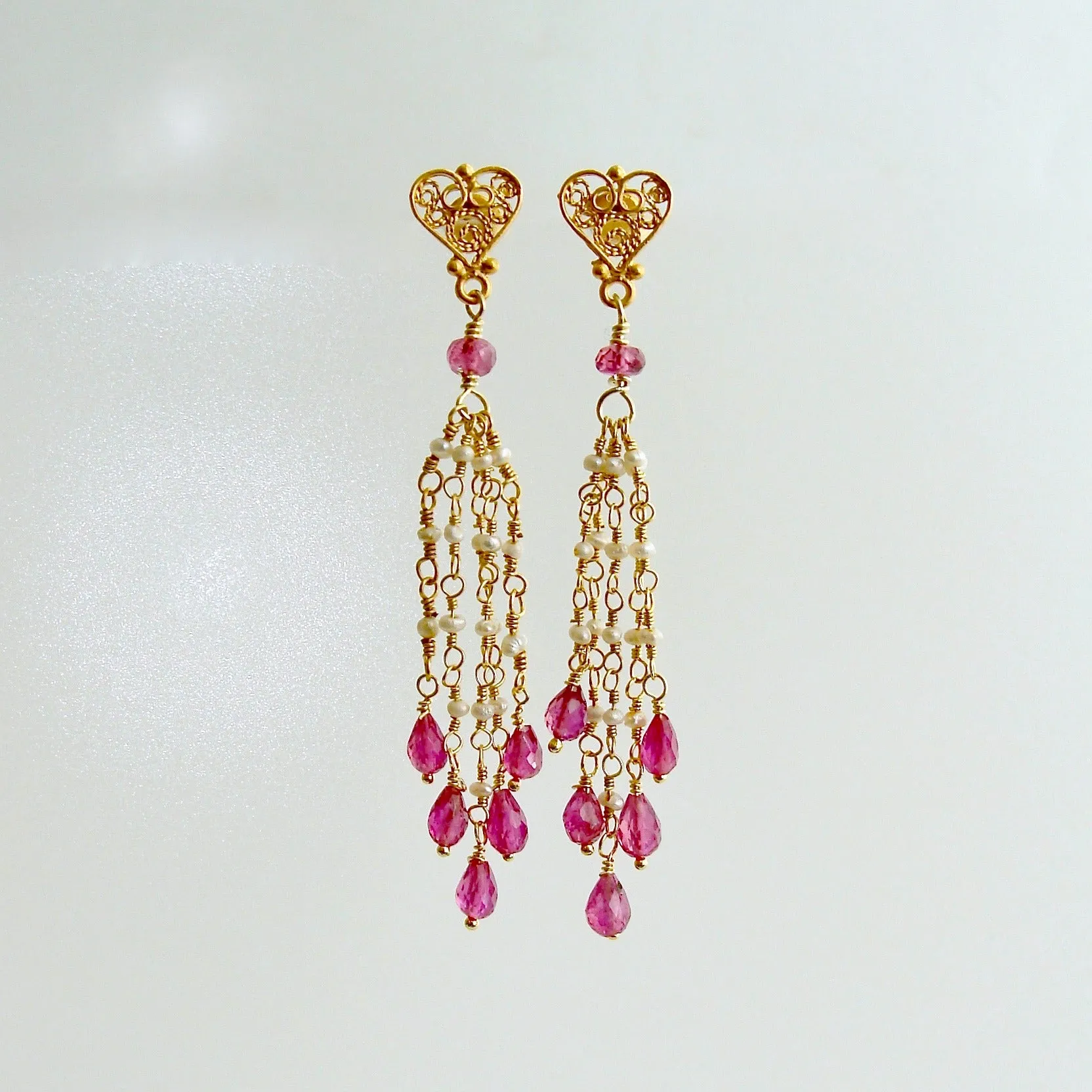 Pink Sapphire Micro Seed Pearls Filigree Heart Post Earrings - Valentina Duster Earrings II