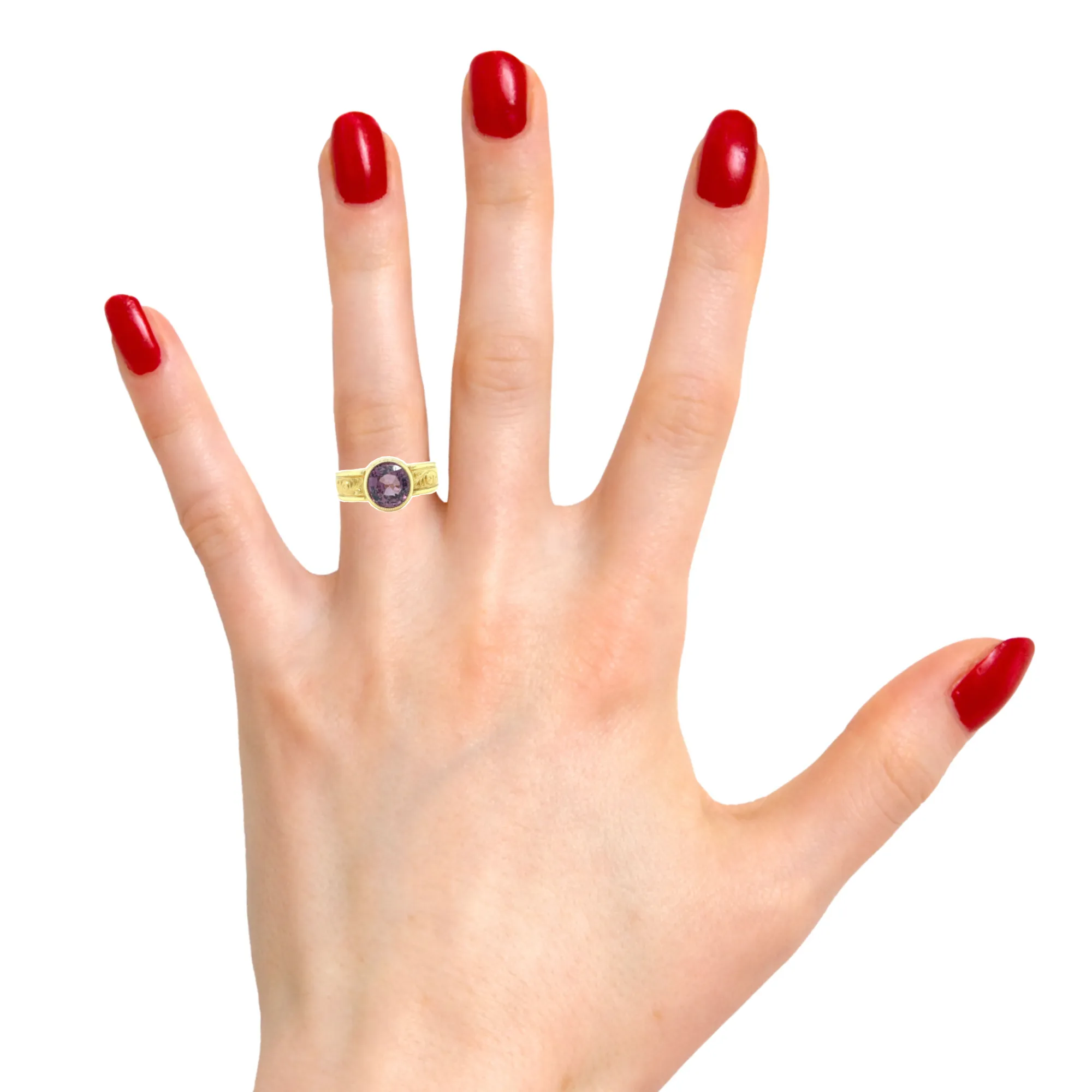 Pink Spinel and Yellow Gold Bezel Set Handmade Engraved Solitare Band Ring