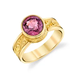 Pink Spinel and Yellow Gold Bezel Set Handmade Engraved Solitare Band Ring