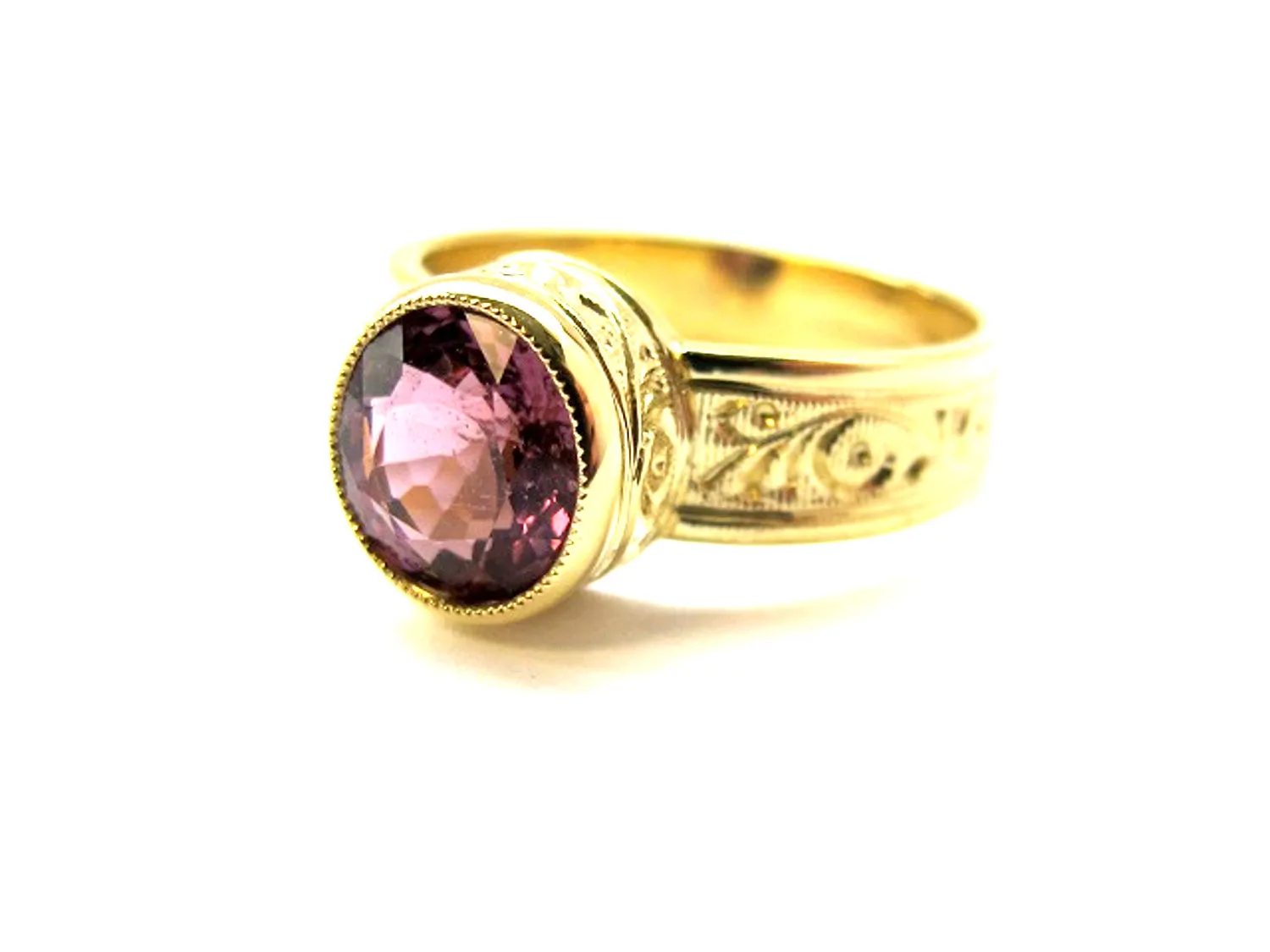 Pink Spinel and Yellow Gold Bezel Set Handmade Engraved Solitare Band Ring