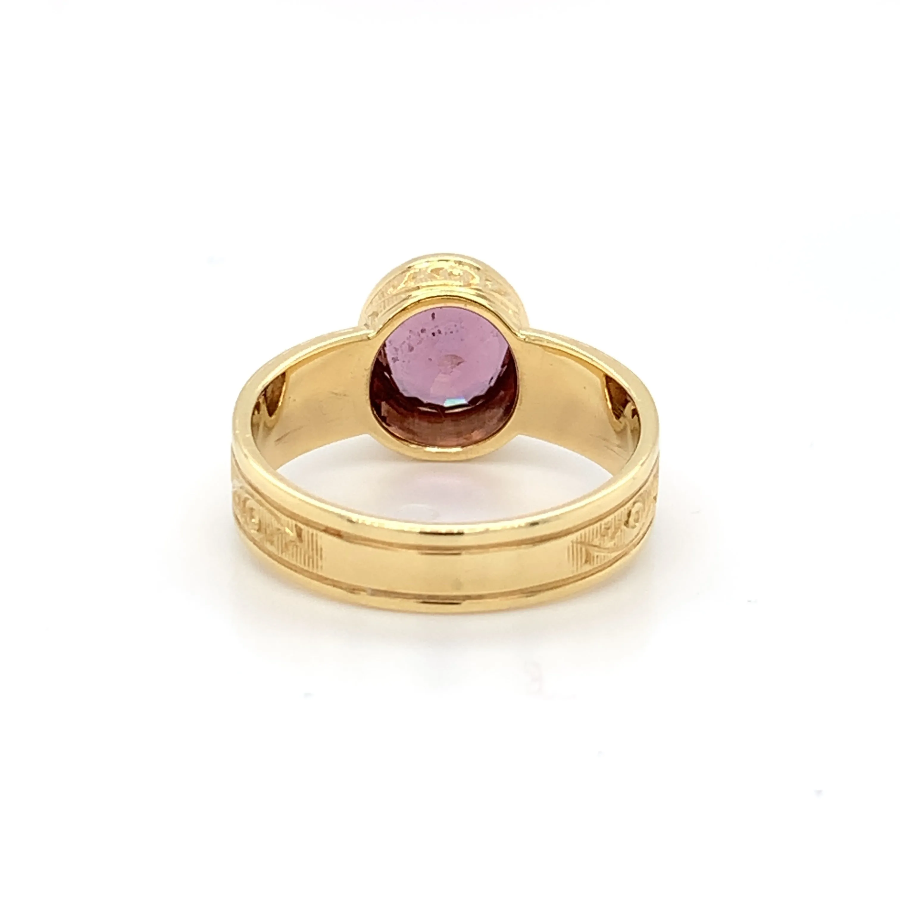 Pink Spinel and Yellow Gold Bezel Set Handmade Engraved Solitare Band Ring
