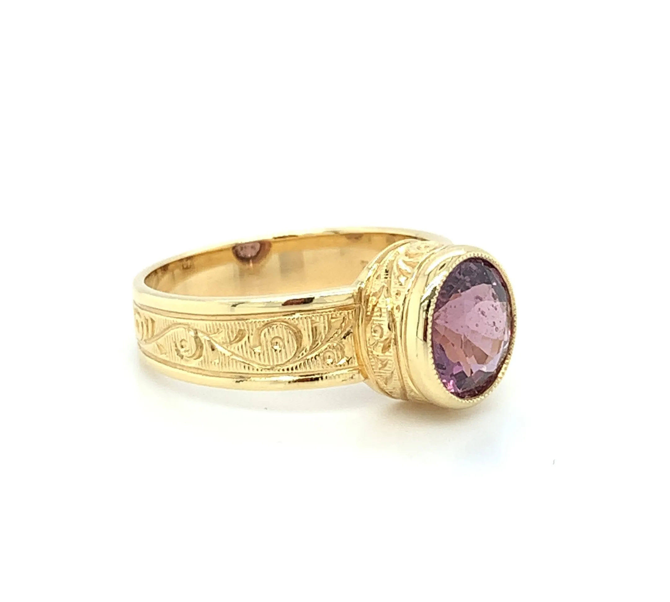 Pink Spinel and Yellow Gold Bezel Set Handmade Engraved Solitare Band Ring
