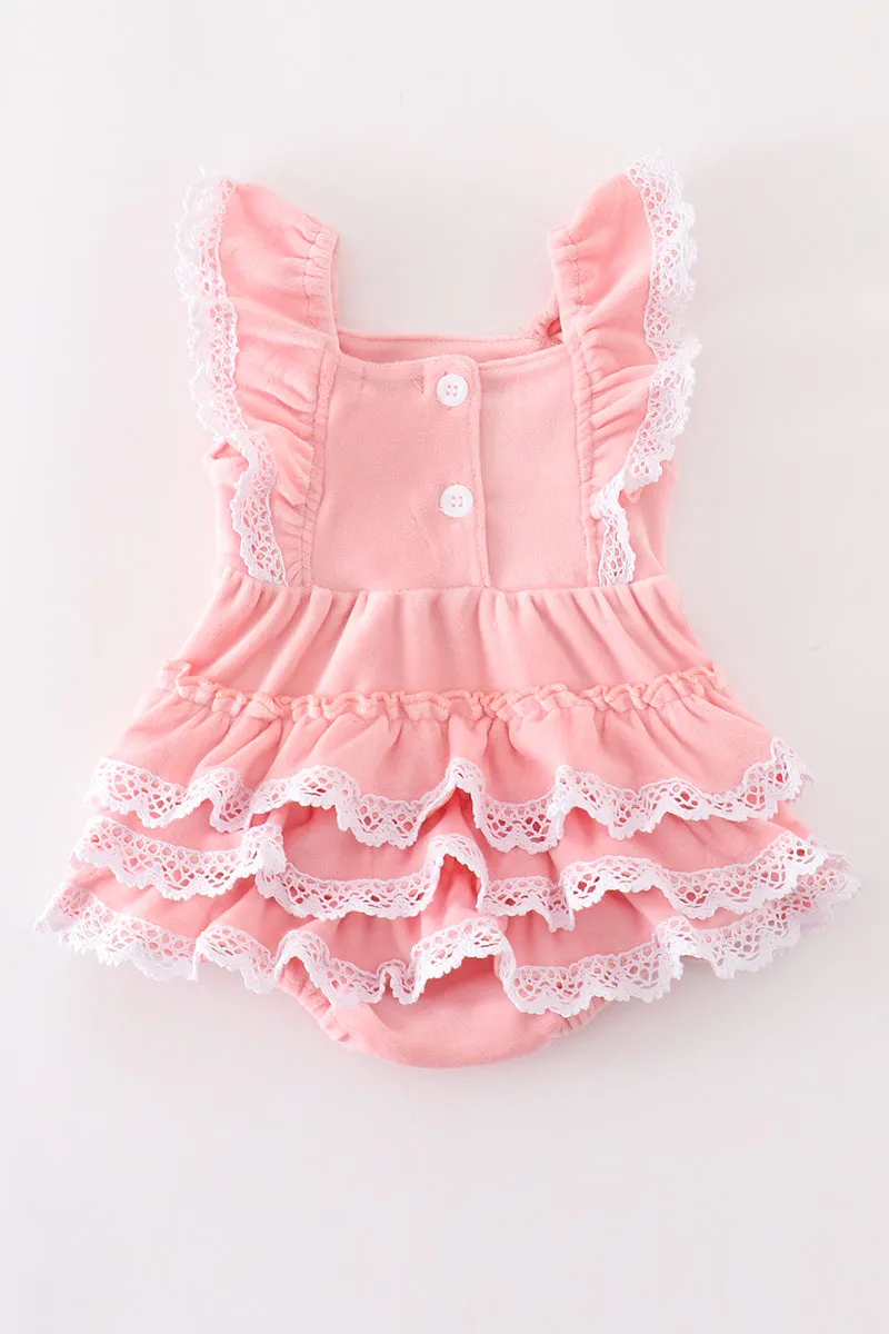 Pink Velvet Pumpkin Embroidery Ruffle Girl Bubble