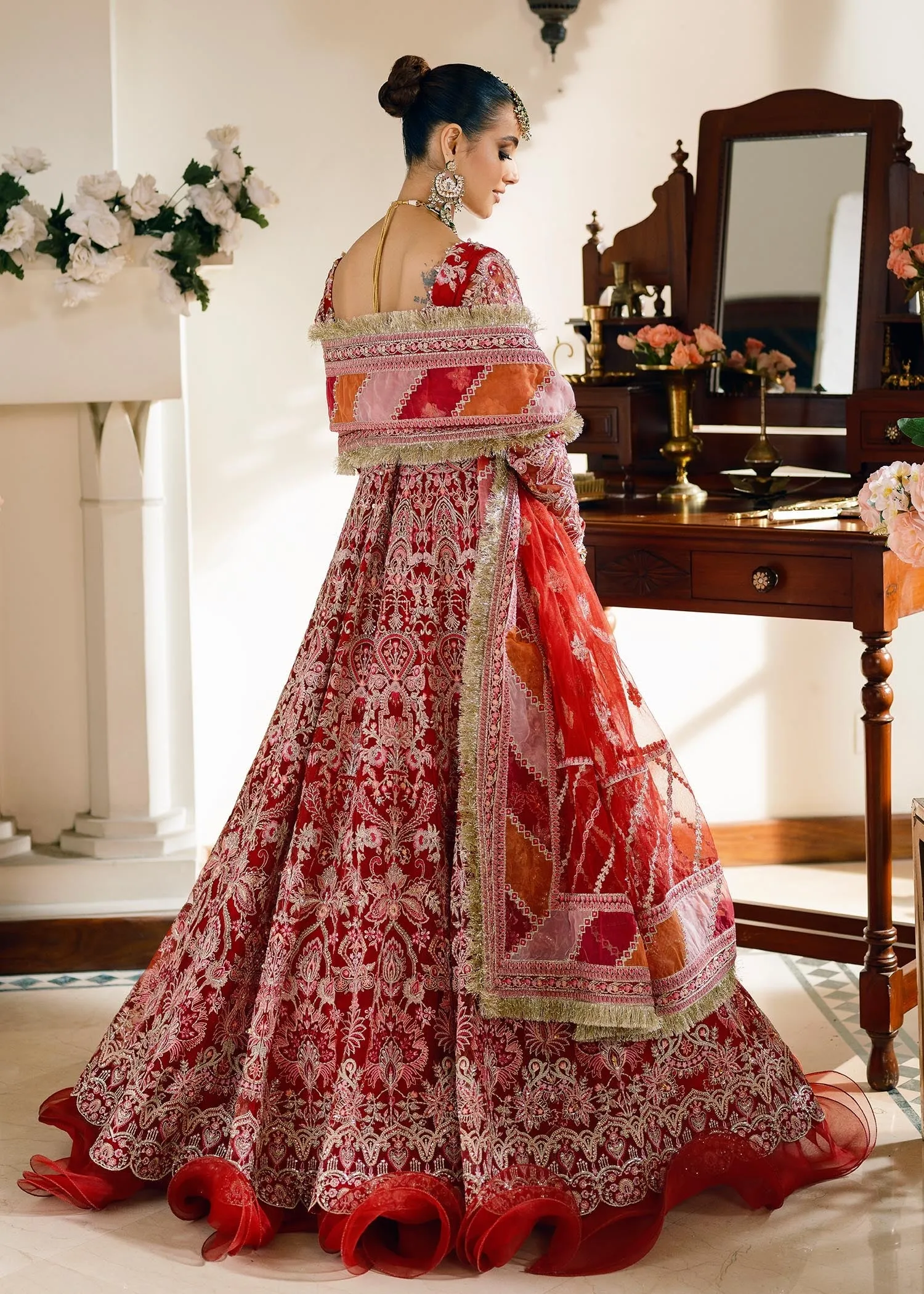 Pishwas Frock and Dupatta Red Bridal Dress Pakistani