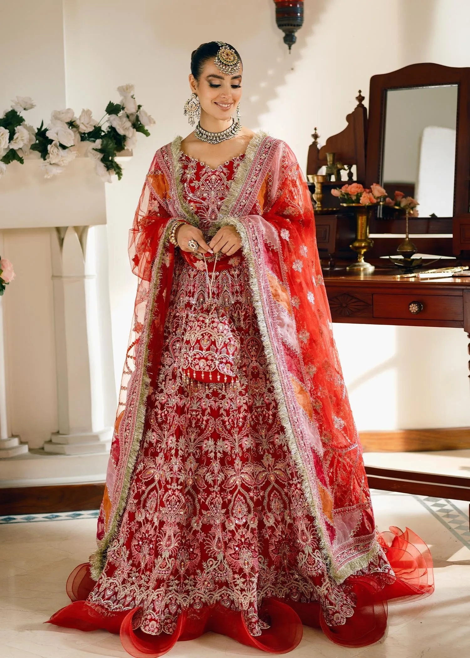 Pishwas Frock and Dupatta Red Bridal Dress Pakistani