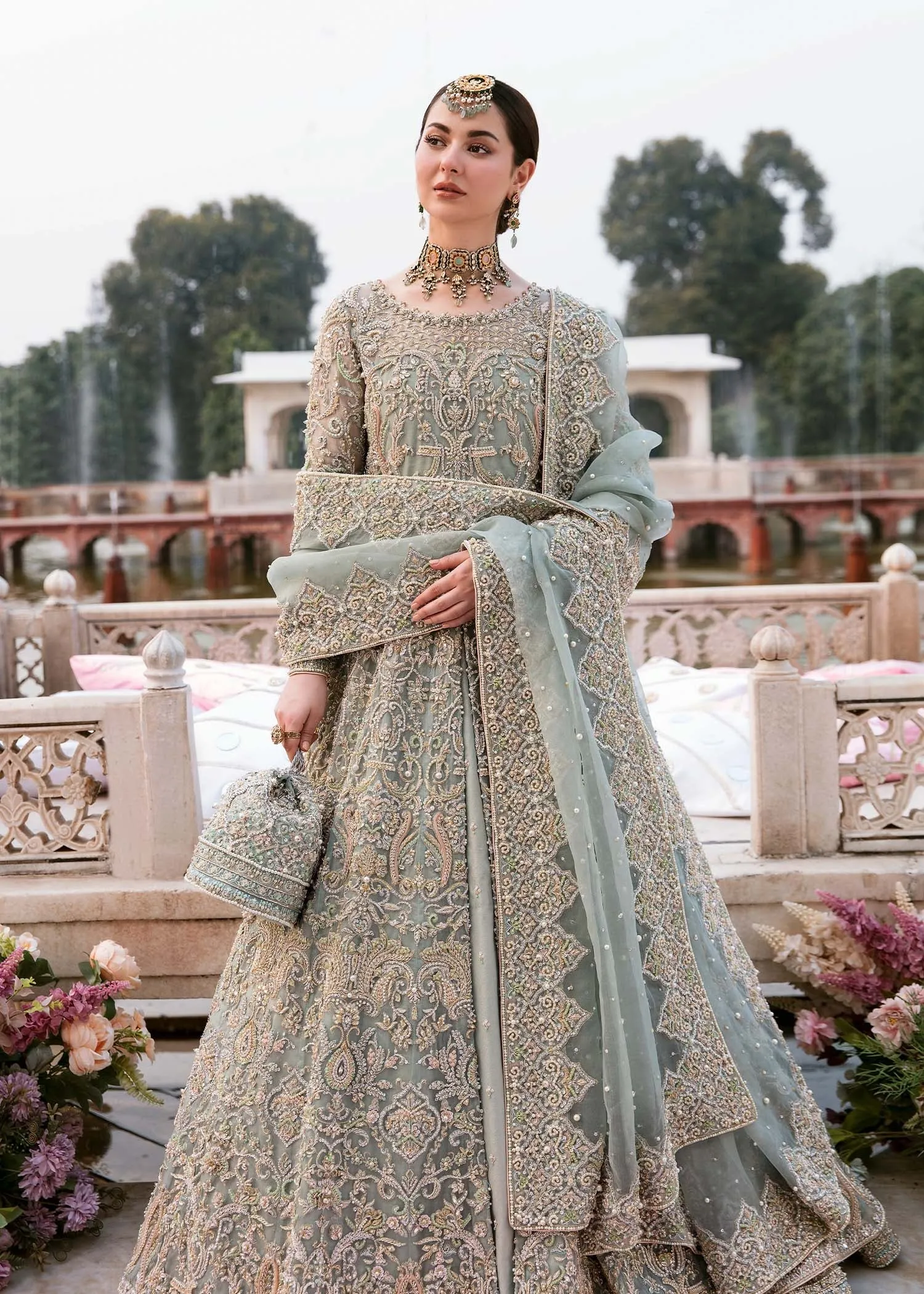 Pishwas Frock and Lehenga Blue Pakistani Bridal Dress