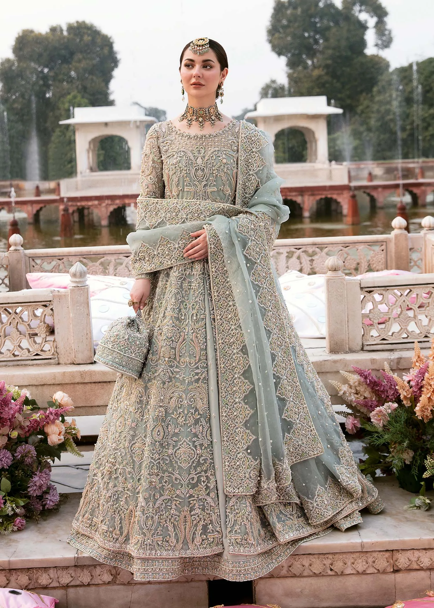 Pishwas Frock and Lehenga Blue Pakistani Bridal Dress