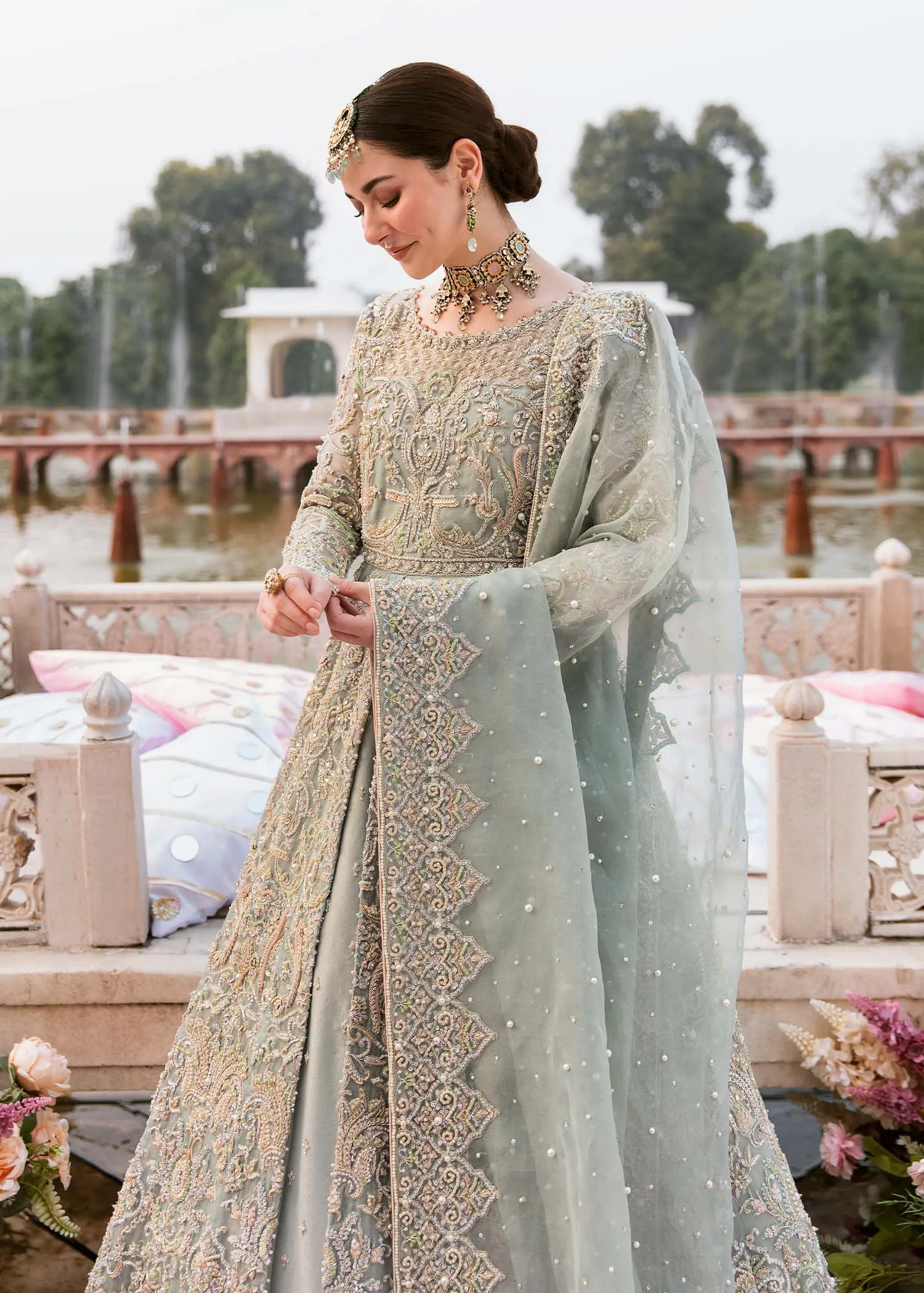 Pishwas Frock and Lehenga Blue Pakistani Bridal Dress