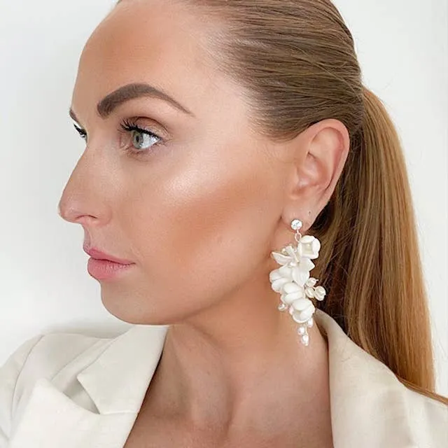 Porcelain Flower and Pearl Spray Drop Earrings