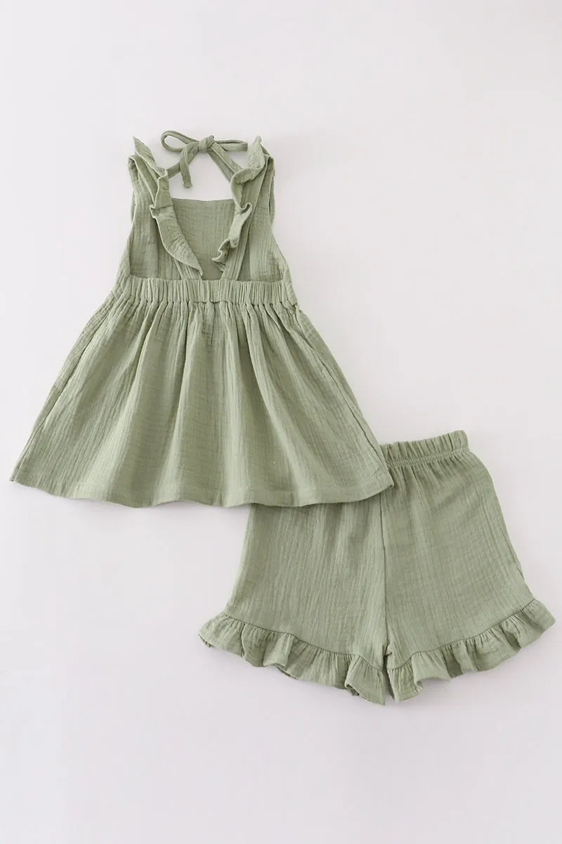 Premium Sage Muslin Ruffle Shorts Set
