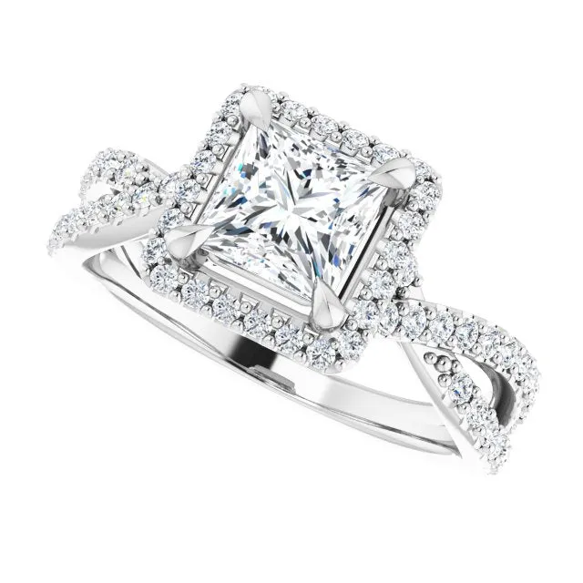 Princess Diamond Halo Engagement Ring With Open Twist Band