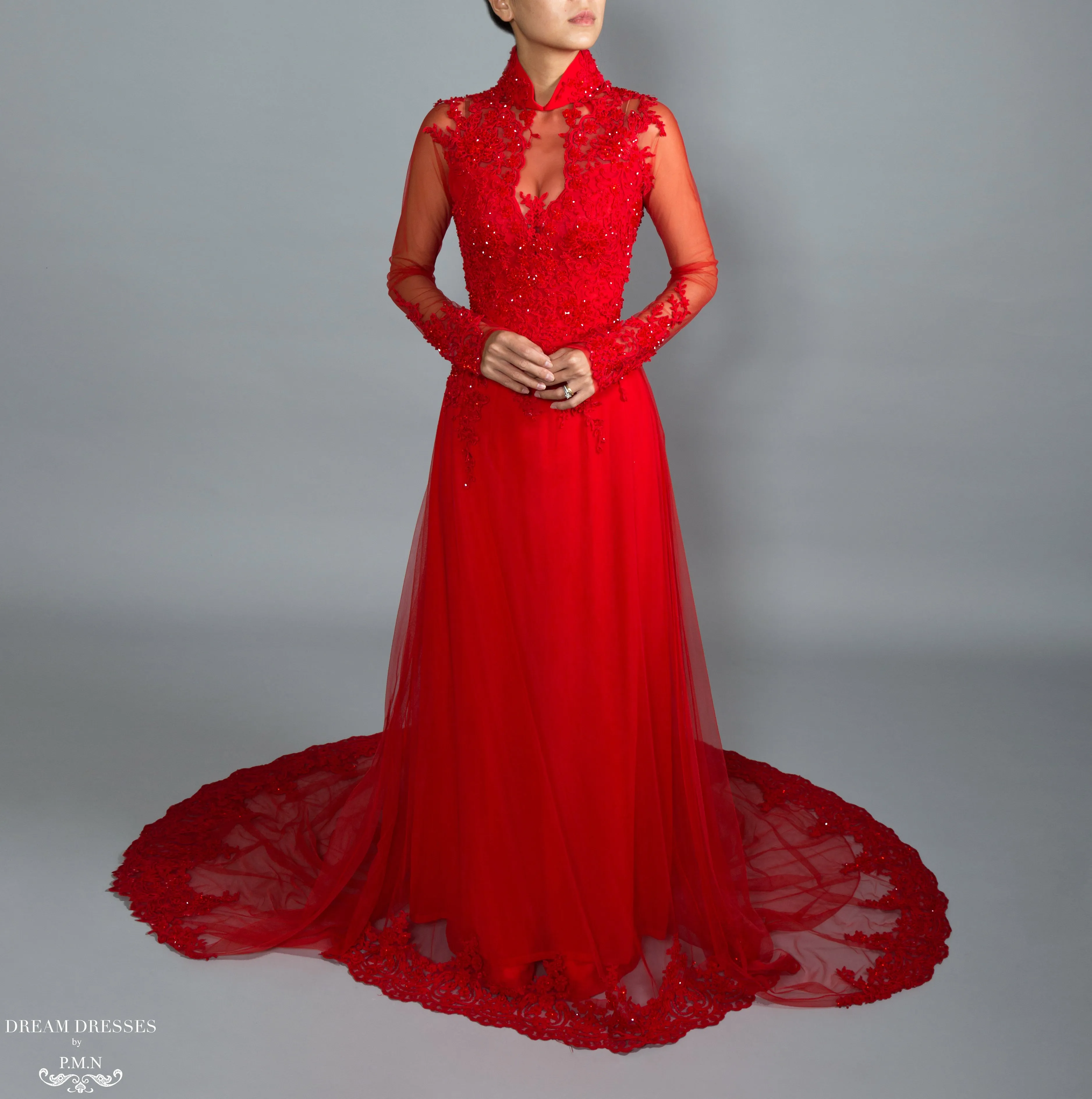 Red Bridal Ao Dai | Vietnamese Lace Bridal Dress (#VIONA)