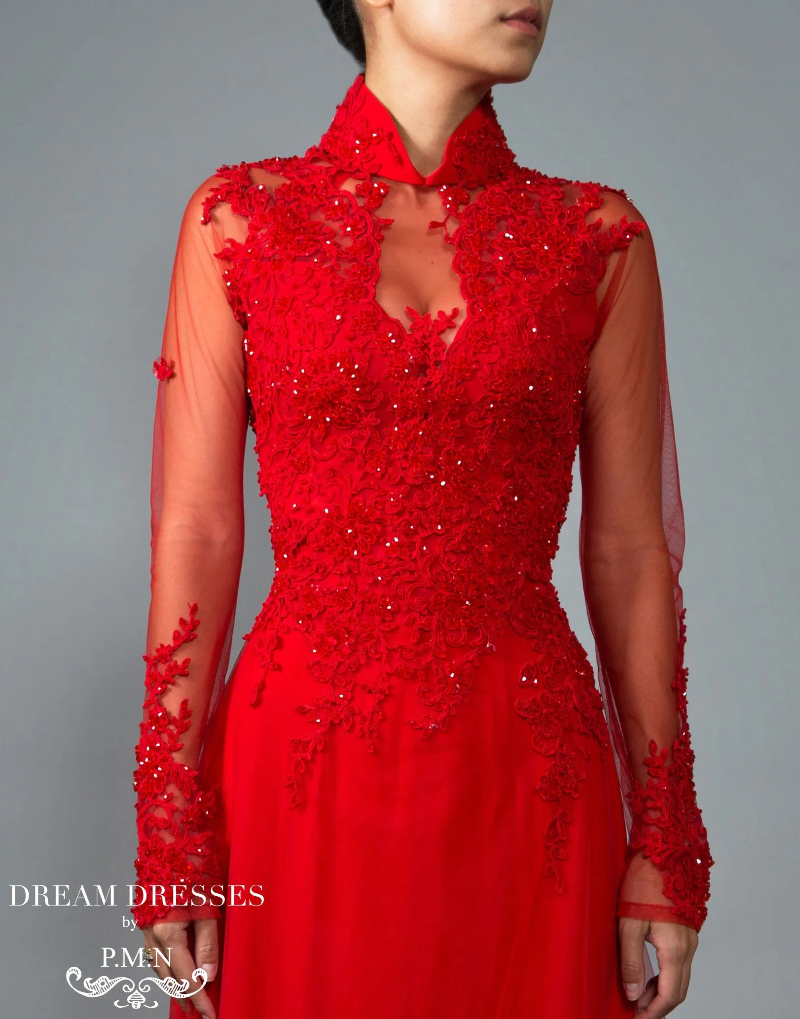 Red Bridal Ao Dai | Vietnamese Lace Bridal Dress (#VIONA)