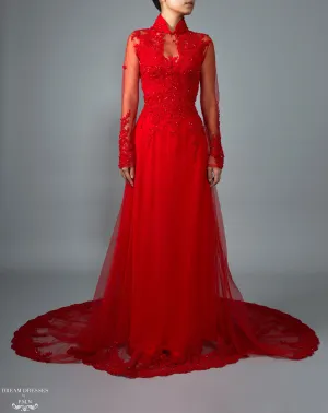 Red Bridal Ao Dai | Vietnamese Lace Bridal Dress (#VIONA)