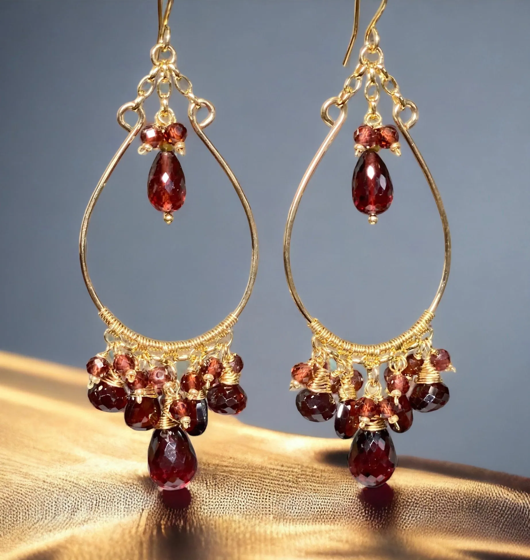 Red Garnet Chandelier Earrings Gold Fill