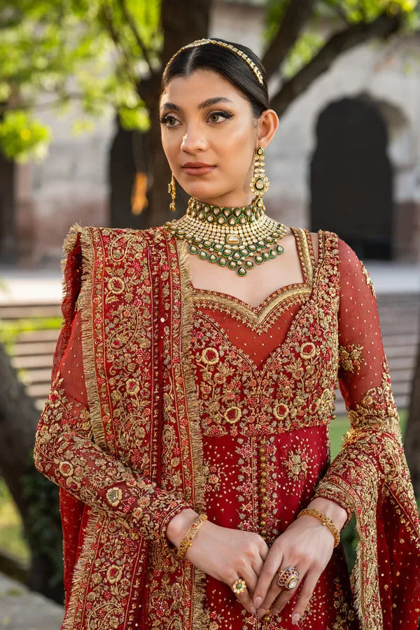 Red Pakistani Bridal Dress in Open Kameez Lehenga Style