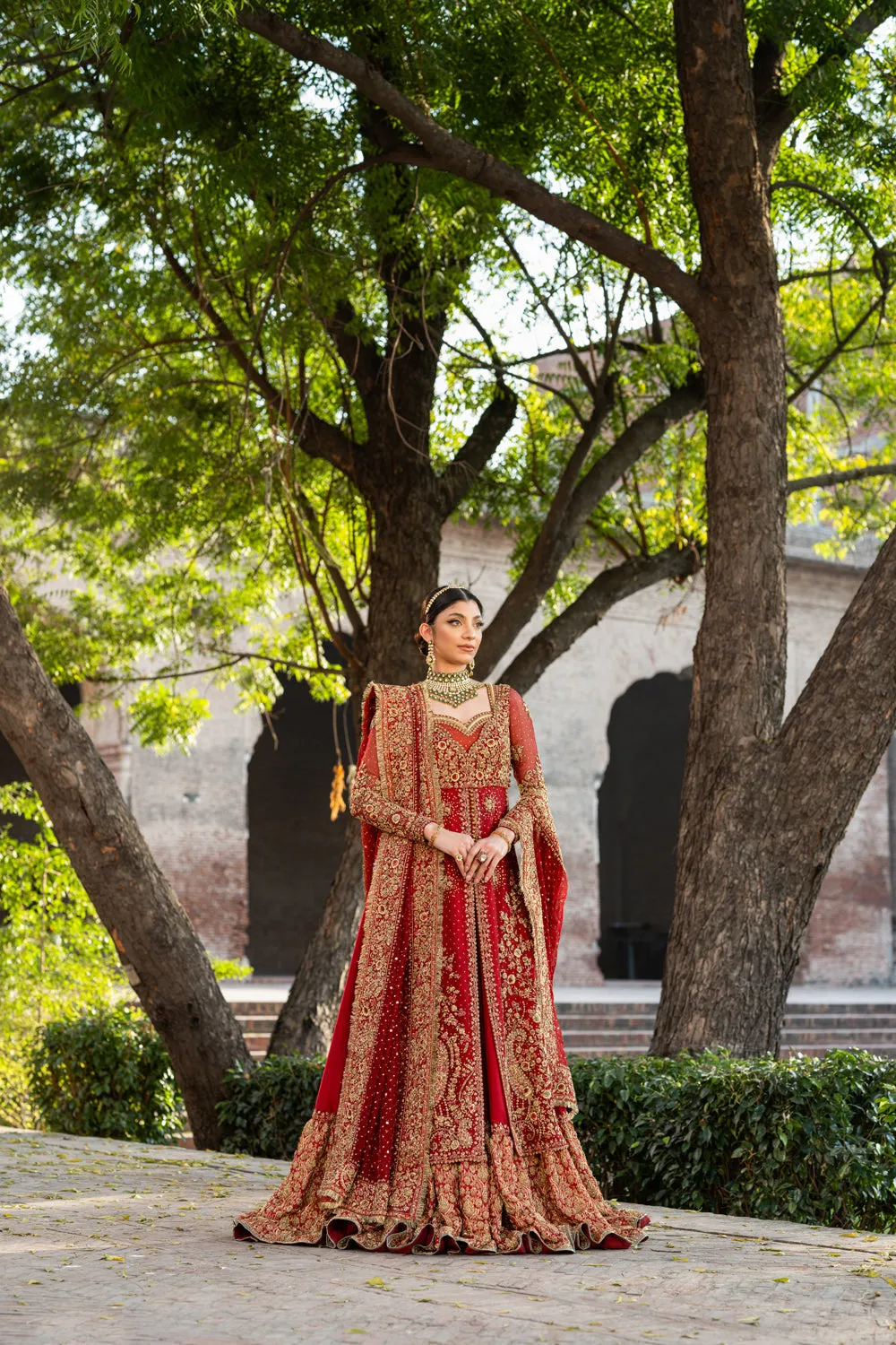 Red Pakistani Bridal Dress in Open Kameez Lehenga Style
