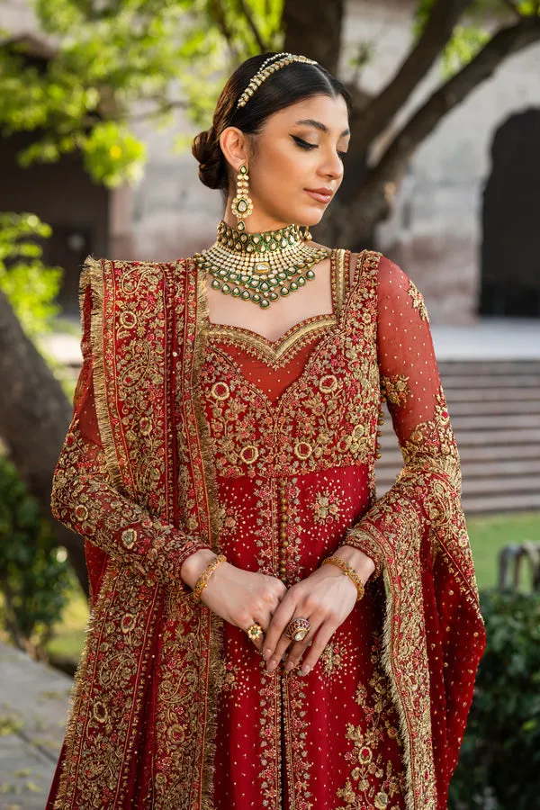 Red Pakistani Bridal Dress in Open Kameez Lehenga Style