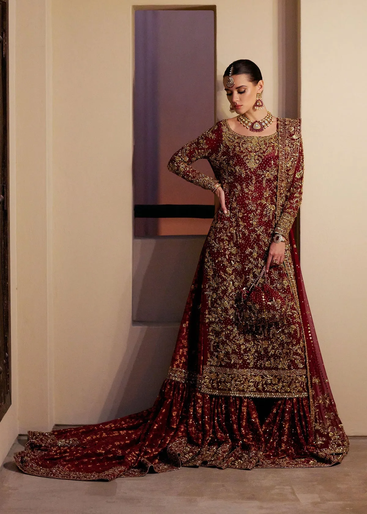Red Pakistani Wedding Dress in Bridal Gharara Style