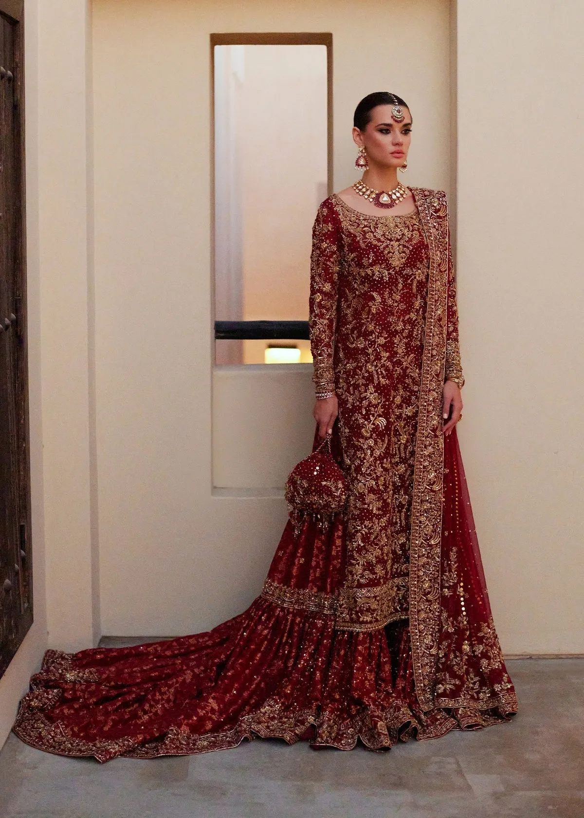 Red Pakistani Wedding Dress in Bridal Gharara Style