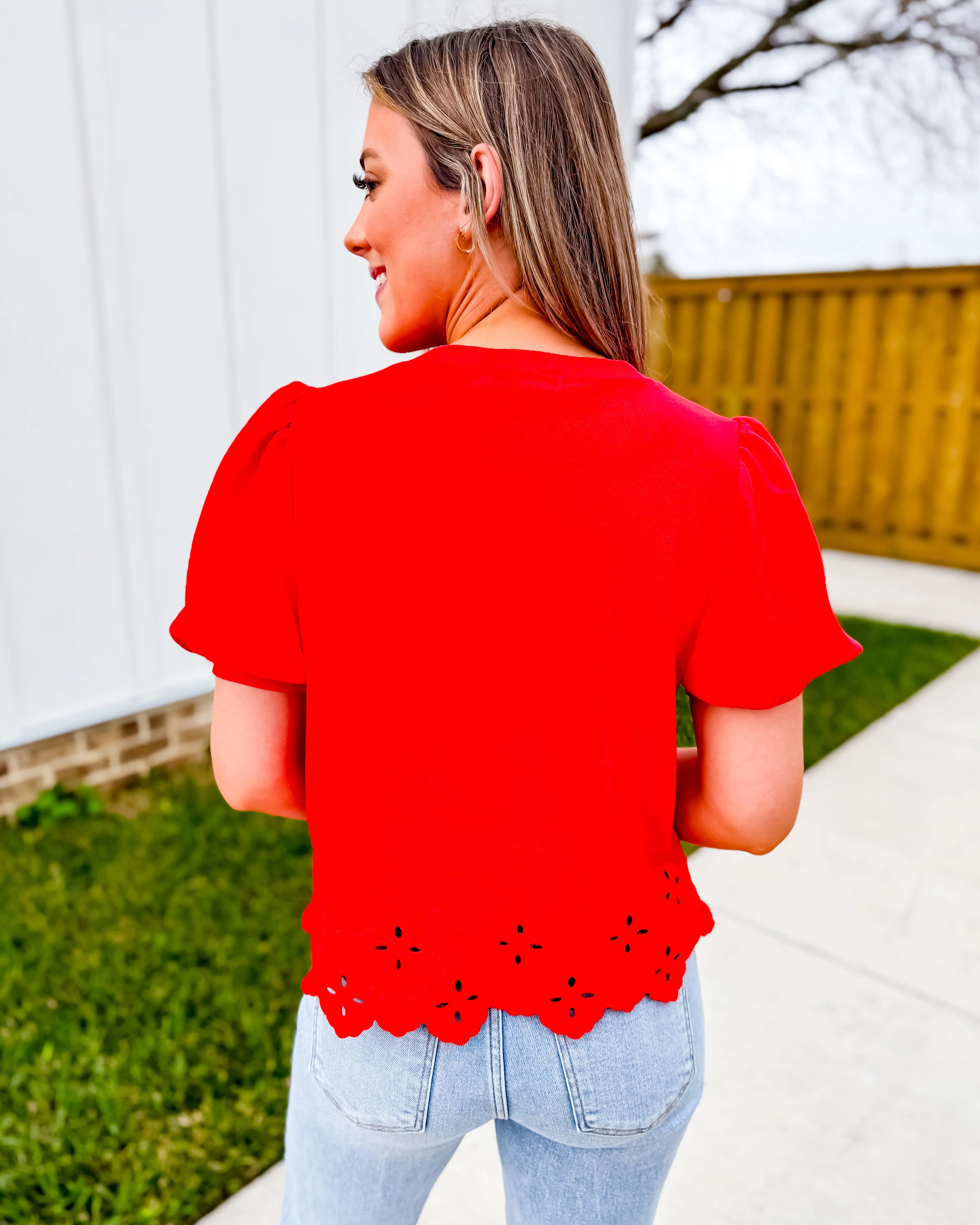 Red Puff Sleeve Top With Scalloped and Embroidered Hem