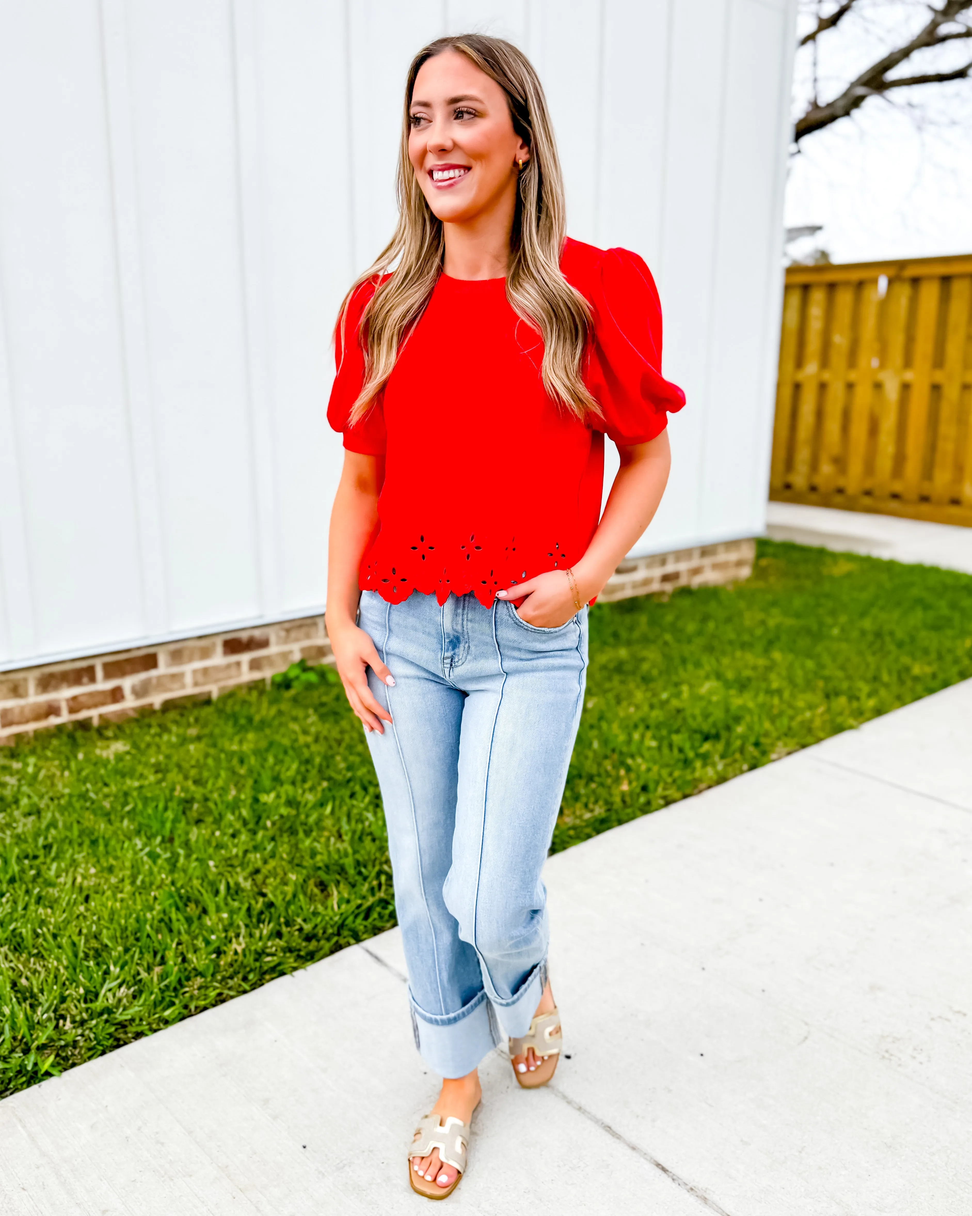 Red Puff Sleeve Top With Scalloped and Embroidered Hem