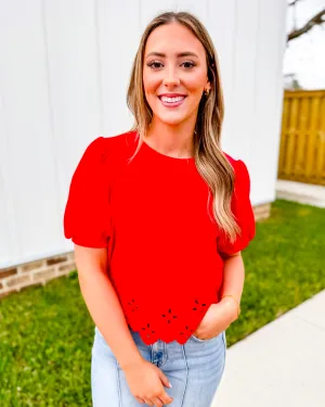 Red Puff Sleeve Top With Scalloped and Embroidered Hem