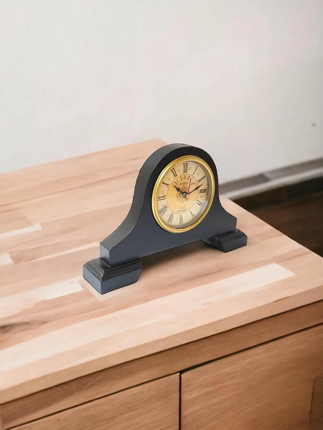 Rocks Handicraft Hndmade Wooden Table Clock Desk Clock Victoria Style Mantel Clock Battery for Home & Office, Bed Room, Kids Room, Study Room, Study Room Decor Gift (10 Inch - Brown)