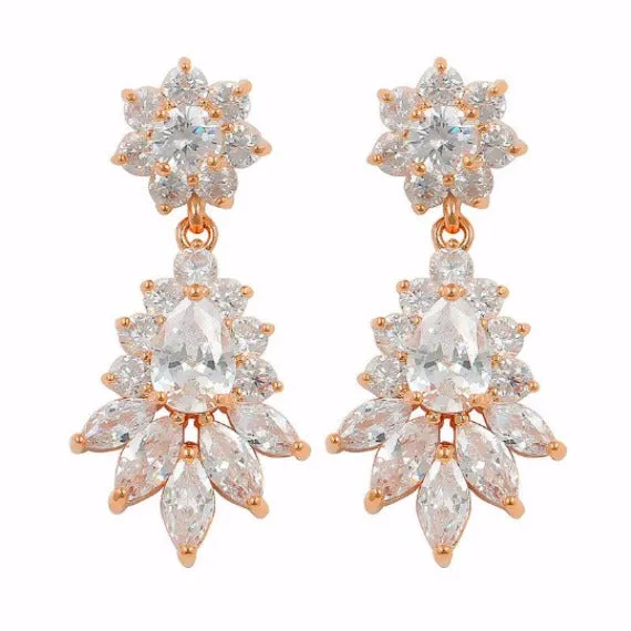 Rose Gold Art Deco Floral Bridal Earrings. Rose Gold Cubic Zirconia Crystal Dangle Earrings. Rose Gold Marquise CZ Crystal Wedding Earrings.