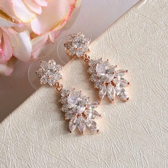 Rose Gold Art Deco Floral Bridal Earrings. Rose Gold Cubic Zirconia Crystal Dangle Earrings. Rose Gold Marquise CZ Crystal Wedding Earrings.