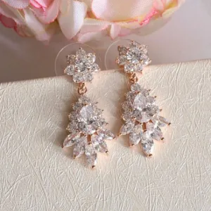 Rose Gold Art Deco Floral Bridal Earrings. Rose Gold Cubic Zirconia Crystal Dangle Earrings. Rose Gold Marquise CZ Crystal Wedding Earrings.