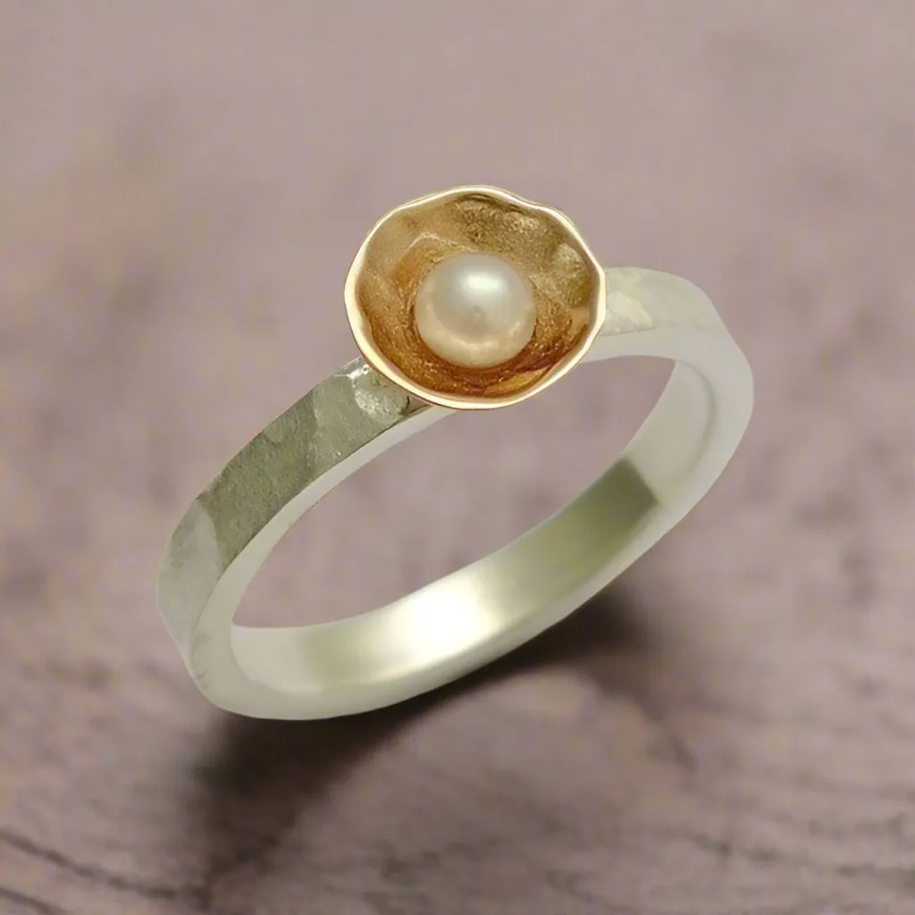 Rose Gold Pearl Hammered Ring - Delicate.