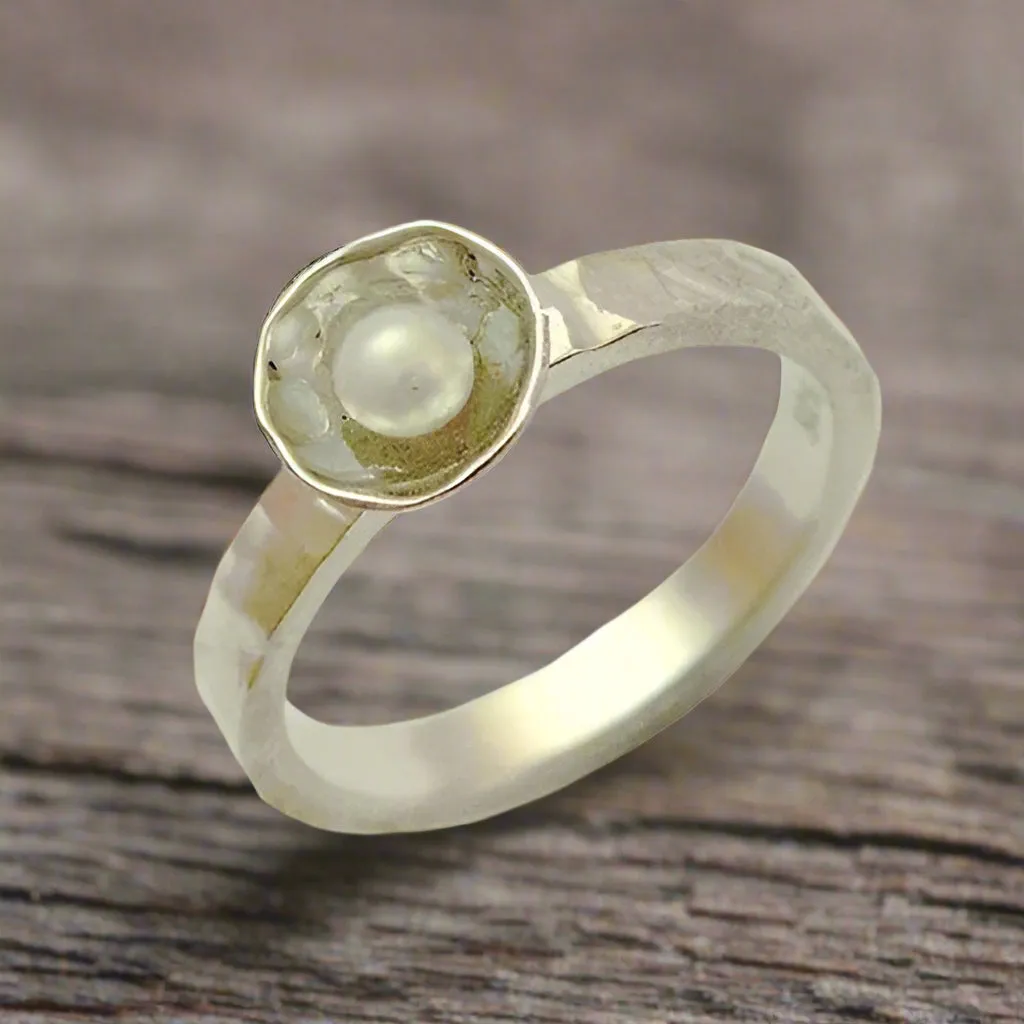 Rose Gold Silver Pearl Ring - Delicate.