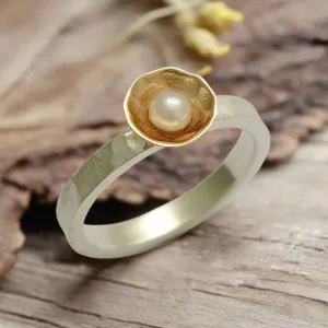 Rose Gold Silver Pearl Ring - Delicate.