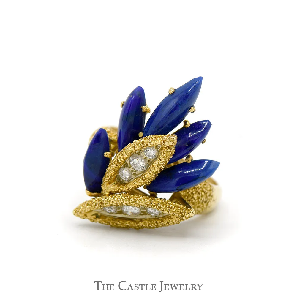 Round Diamond and Marquise Lapis Cartier Designer Cluster Ring in 18k Yellow Gold