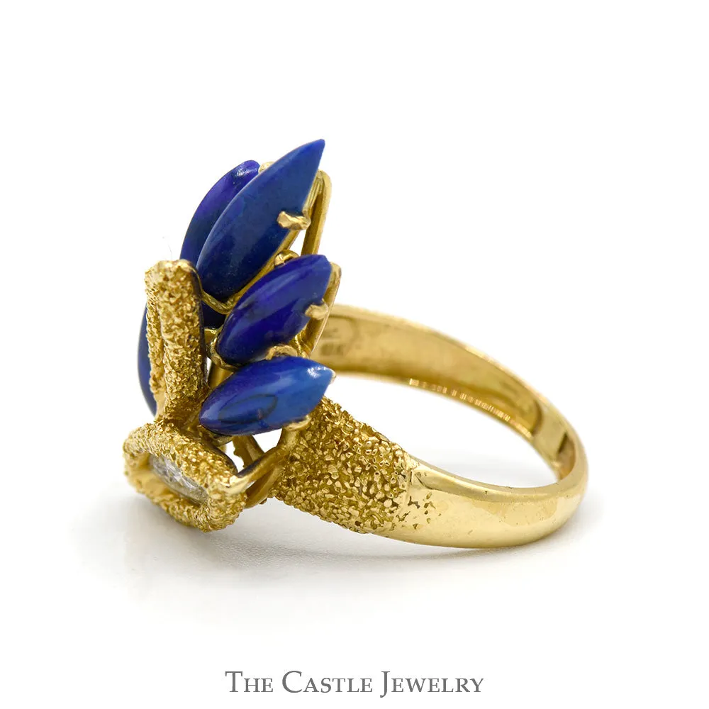 Round Diamond and Marquise Lapis Cartier Designer Cluster Ring in 18k Yellow Gold