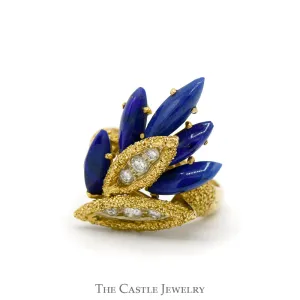 Round Diamond and Marquise Lapis Cartier Designer Cluster Ring in 18k Yellow Gold