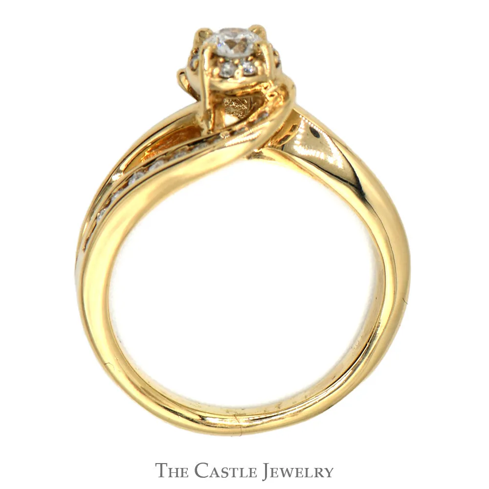 Round Diamond Engagement Ring with Diamond Halo and Accents in Swirled 10k Yellow Gold Setting