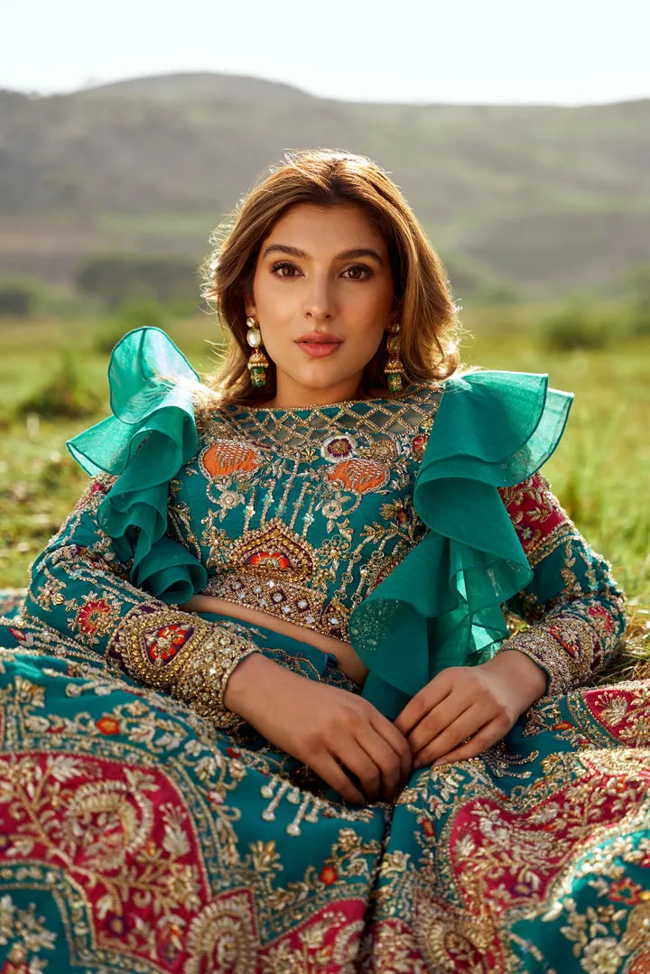 Royal Sea Green Lehenga Choli with Pink Dupatta Dress
