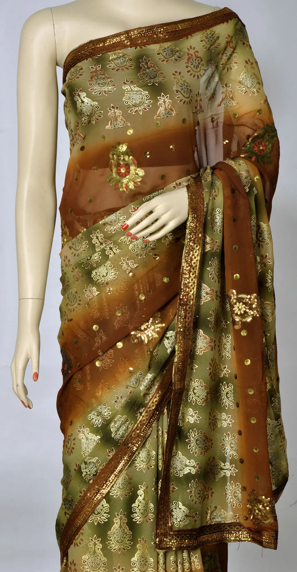 Rust and Green Saree with Sequins Work